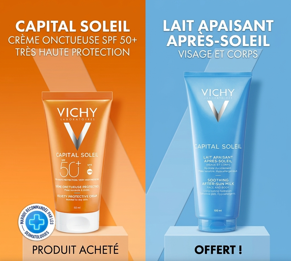 Vichy Capital Soleil – Crème onctueuse (SPF 50+) / + Lait après-soleil offert de 100 ml